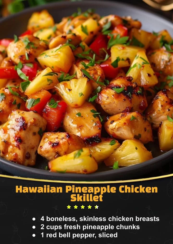 Hawaiian Pineapple Chicken Skillet featuring succulent chicken and vibrant pineapple.