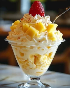 Delicious Hawaiian Pineapple Coconut Fluff dessert in a bowl.