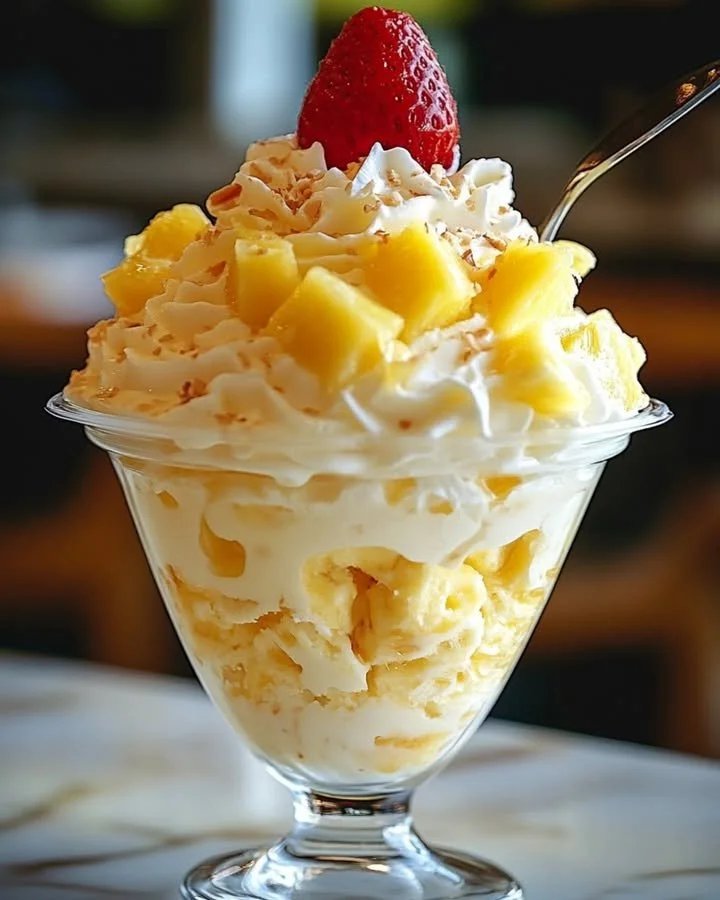 Delicious Hawaiian Pineapple Coconut Fluff dessert in a bowl.