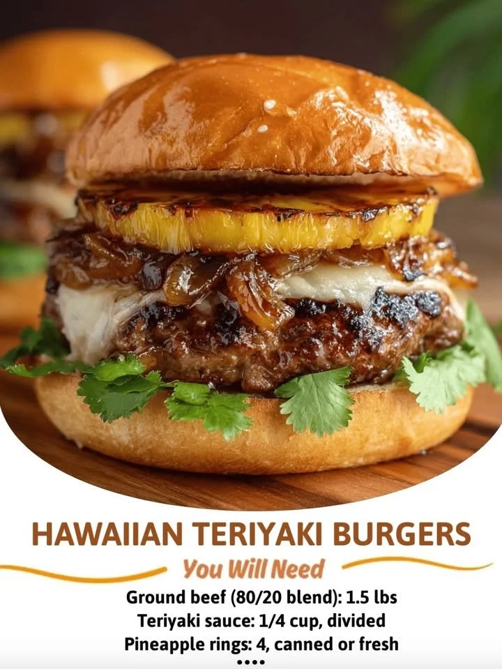 Hawaiian Teriyaki Burgers with pineapple on a grill