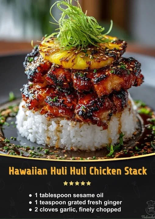 Hawaiian Chicken Turned Stack served with pineapple and colorful vegetables