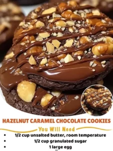 Delicious Hazelnut Caramel Chocolate Cookies with caramel drizzle
