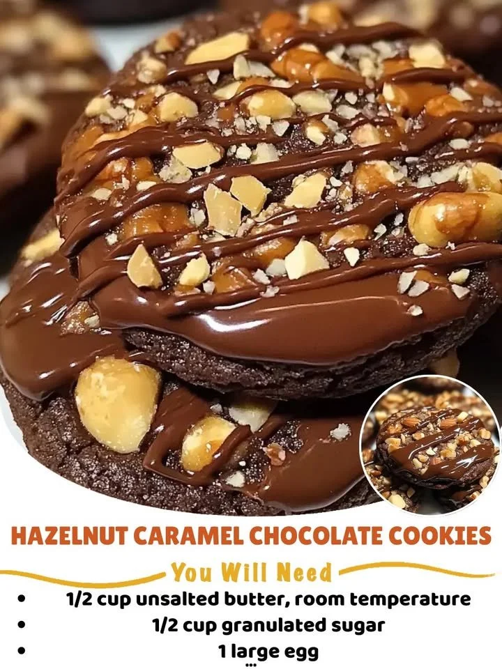 Delicious Hazelnut Caramel Chocolate Cookies with caramel drizzle