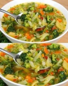 Bowl of healing vegetable soup made with fresh vegetables and herbs