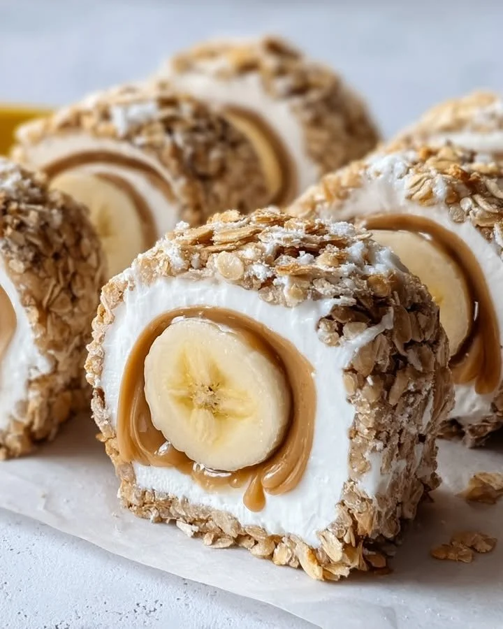 Healthy banana cheesecake sushi rolls made with fresh bananas and cheesecake filling