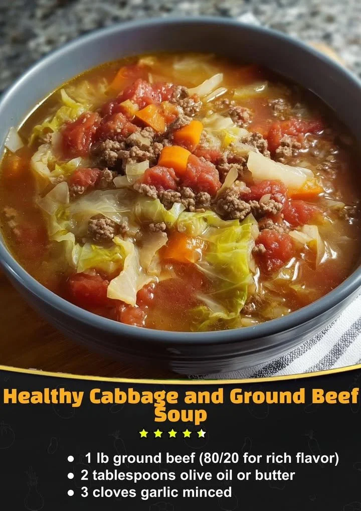 Healthy cabbage soup with ground beef served in a bowl with fresh herbs