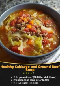 Bowl of healthy cabbage and ground beef soup garnished with herbs