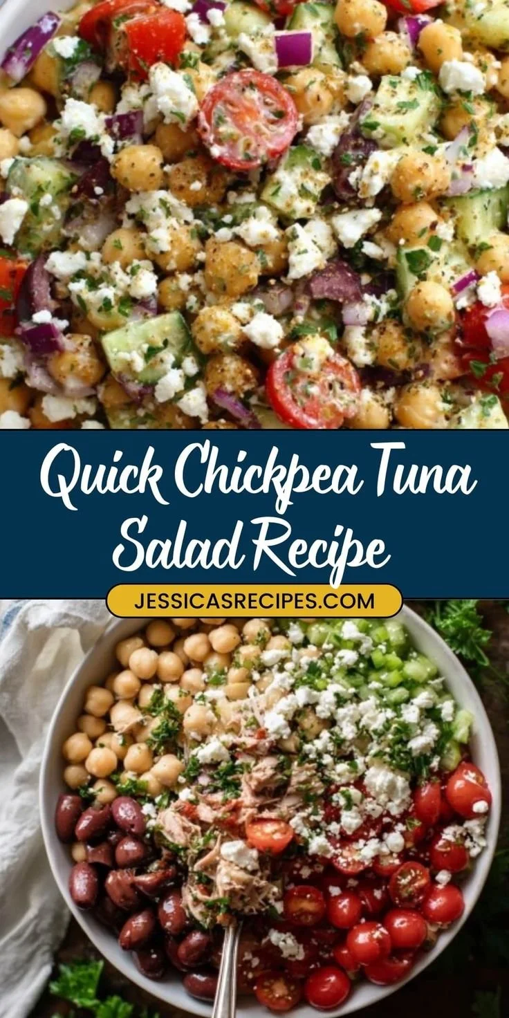 Healthy chickpea tuna salad served in a bowl with fresh vegetables and herbs