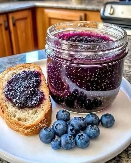 Healthy homemade blueberry chia seed jam spread on toast