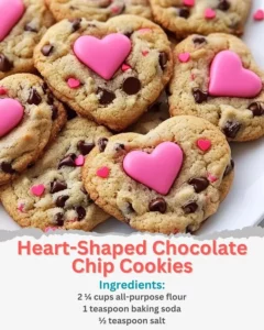 Heart-shaped chocolate chip cookies on a plate, fresh out of the oven.