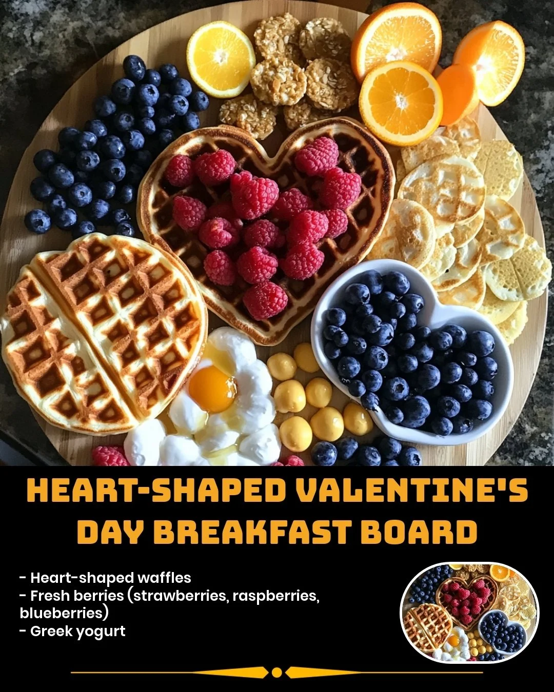 Heart-shaped Valentine's Day breakfast board featuring delicious treats.