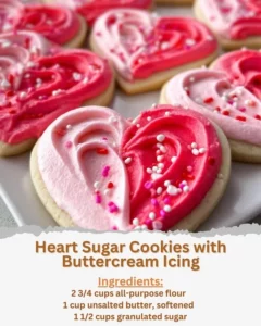 Decorated heart sugar cookies with buttercream icing on a baking tray.