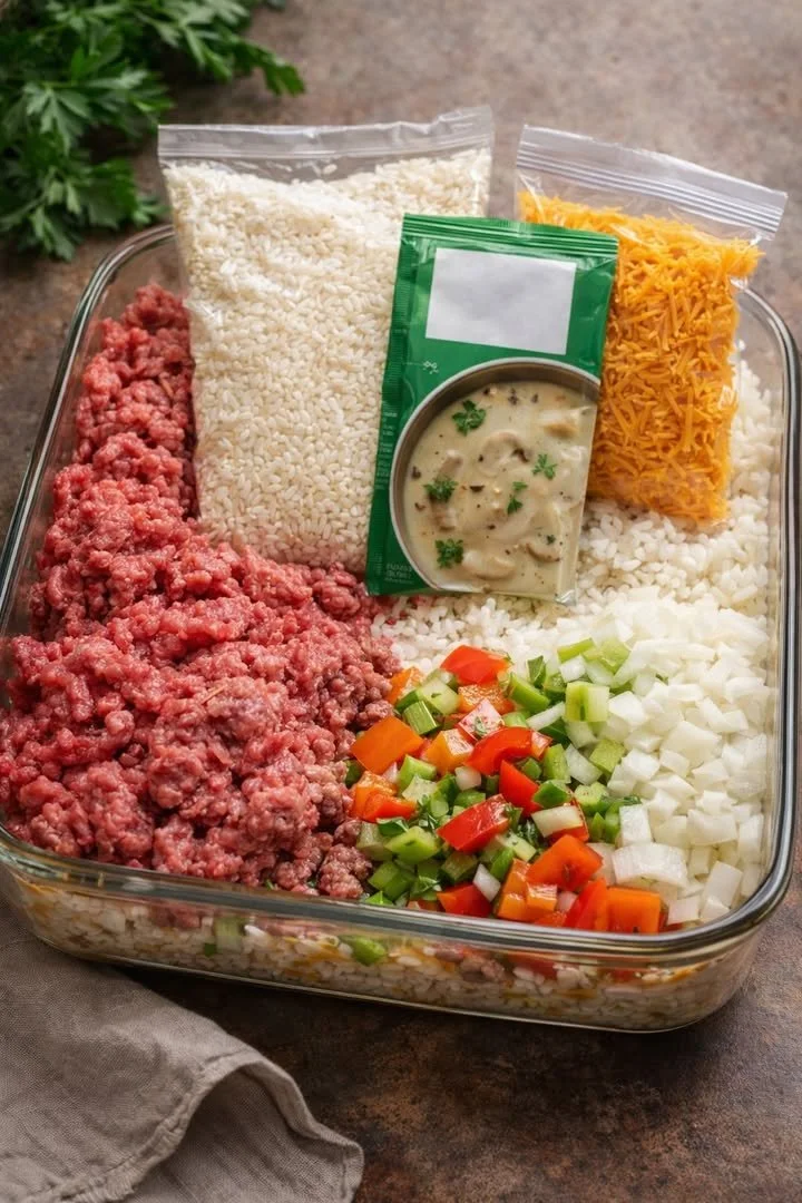 Hearty Beef and Rice Casserole topped with creamy cheddar cheese