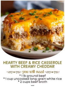 Hearty beef casserole topped with creamy cheddar and served with rice