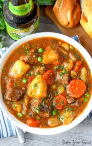 Delicious and hearty beef stew in a bowl with vegetables and spices