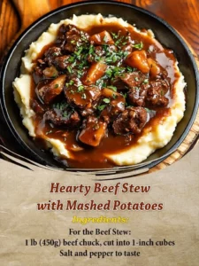 Delicious hearty beef stew paired with creamy mashed potatoes