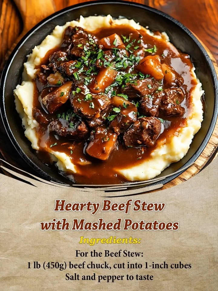 Delicious hearty beef stew paired with creamy mashed potatoes