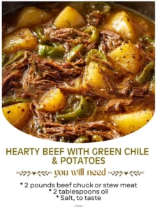 Hearty Beef with Green Chile and Potatoes served in a rustic bowl