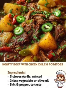 Delicious hearty beef with green chile and potatoes in a bowl