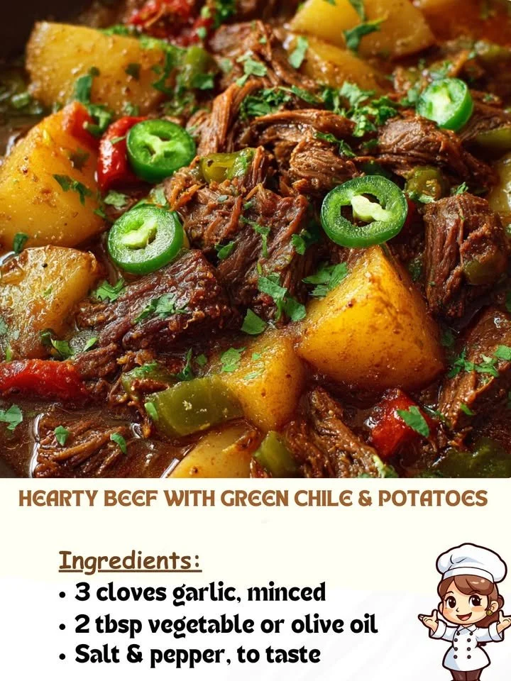 Delicious hearty beef with green chile and potatoes in a bowl