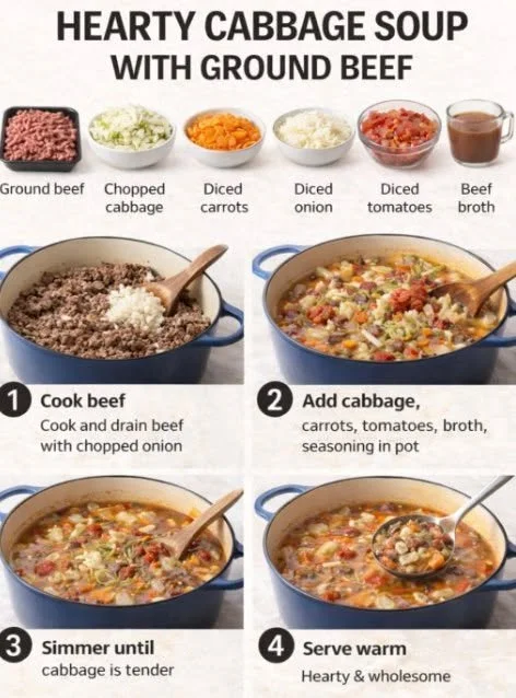 Bowl of hearty cabbage soup with ground beef, garnished with herbs