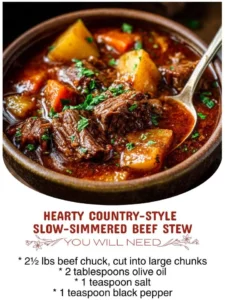 Hearty country-style slow-simmered beef stew in a bowl