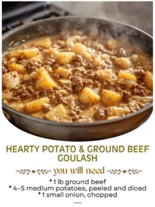 A delicious bowl of potato goulash with ground beef and herbs.