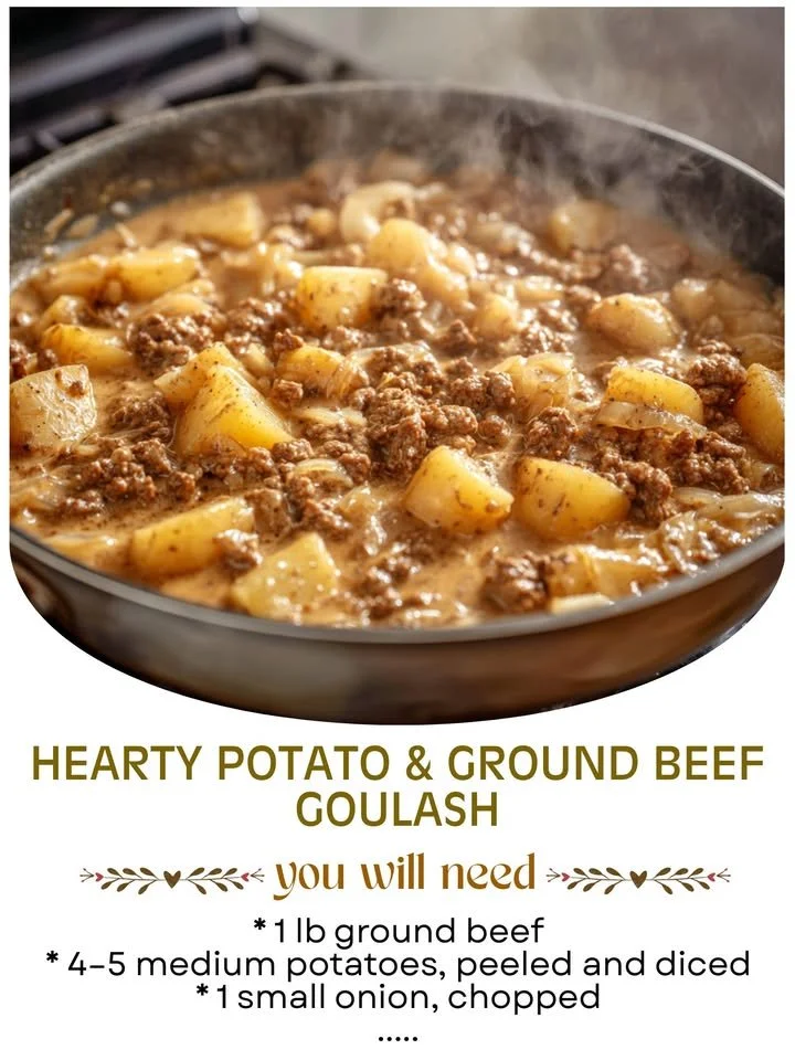 A delicious bowl of potato goulash with ground beef and herbs.
