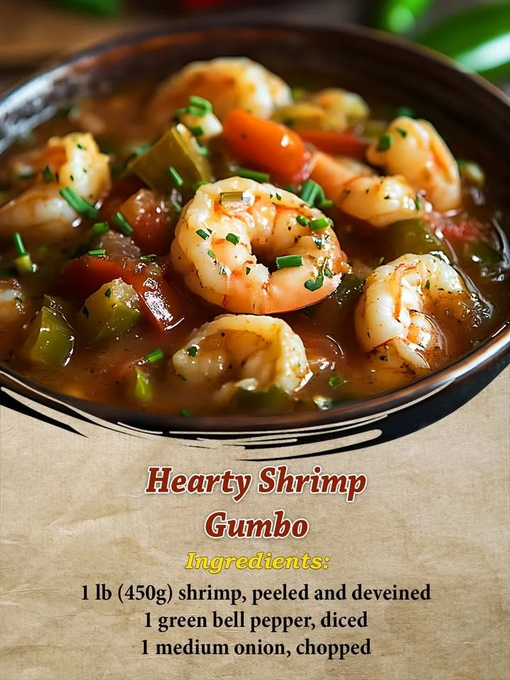Bowl of hearty shrimp gumbo with rice and herbs
