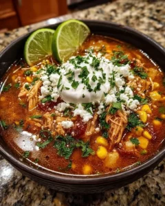 Bowl of Hearty Street Corn Chicken Chili topped with fresh ingredients