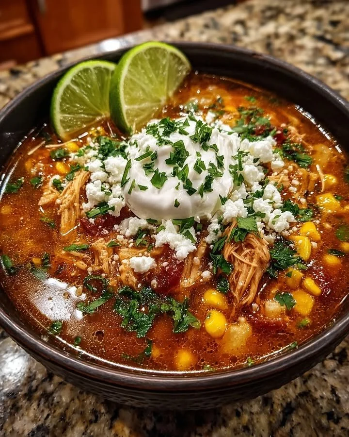 Bowl of Hearty Street Corn Chicken Chili topped with fresh ingredients