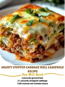 Hearty stuffed cabbage roll casserole baked with rich tomato sauce and herbs