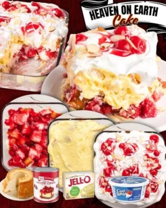 Delicious Heaven on Earth Cake with layers of cream and cake slices
