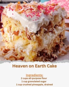 Delicious Heaven on Earth Cake topped with cream and fruits