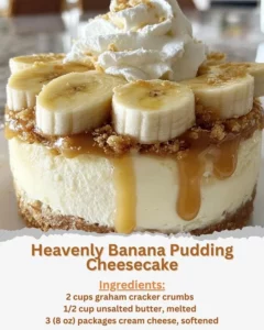 Delicious slice of Heavenly Banana Pudding Cheesecake with banana and whipped cream