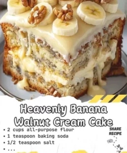 Heavenly Banana Walnut Cream Cake with walnuts and banana slices on top