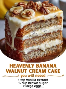 Heavenly banana walnut cream cake topped with creamy frosting and walnuts.
