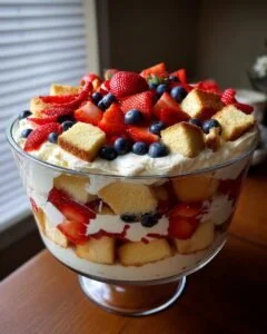 Delicious berry trifle with layers of white chocolate and fresh berries