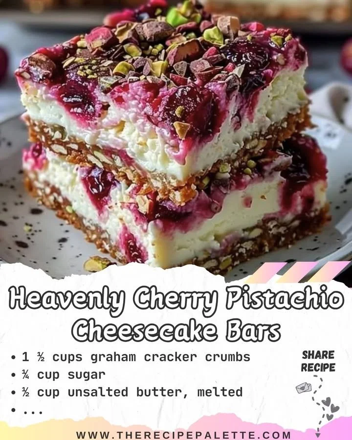 Heavenly Cherry Pistachio Cheesecake Bars topped with cherries and pistachios