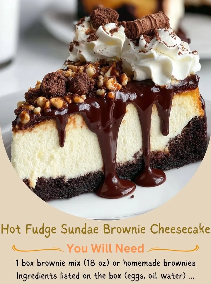 Heavenly hot fudge sundae brownie cheesecake topped with rich chocolate sauce