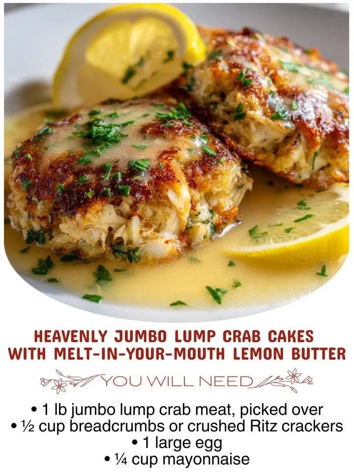 Heavenly jumbo lump crab cakes served with melt-in-your-mouth lemon butter