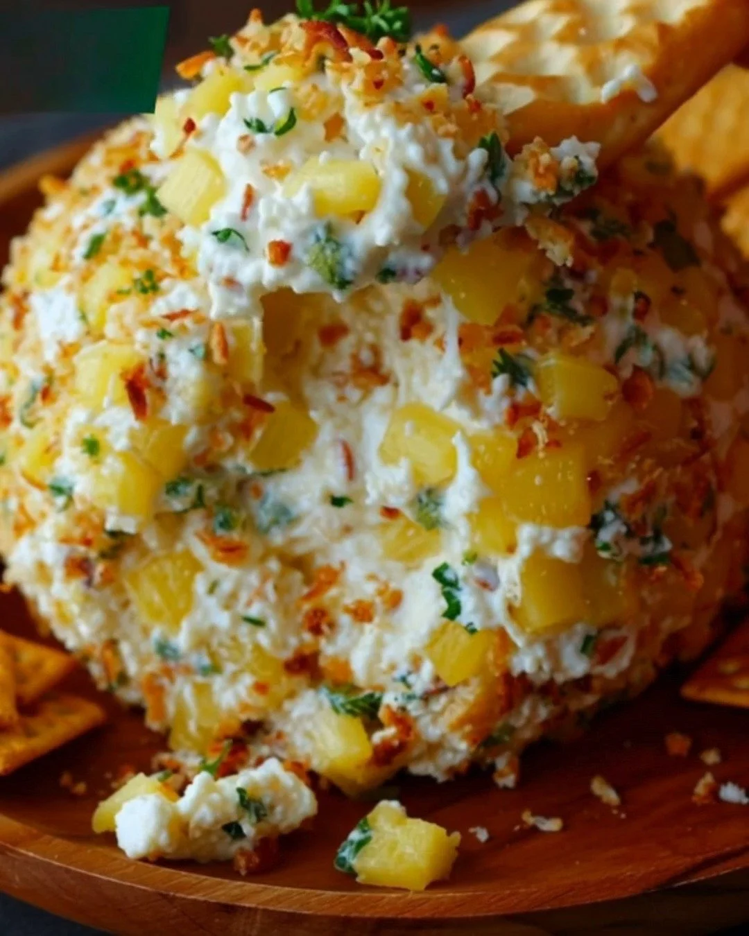 Heavenly Pineapple Cheeseball served with crackers and fruit