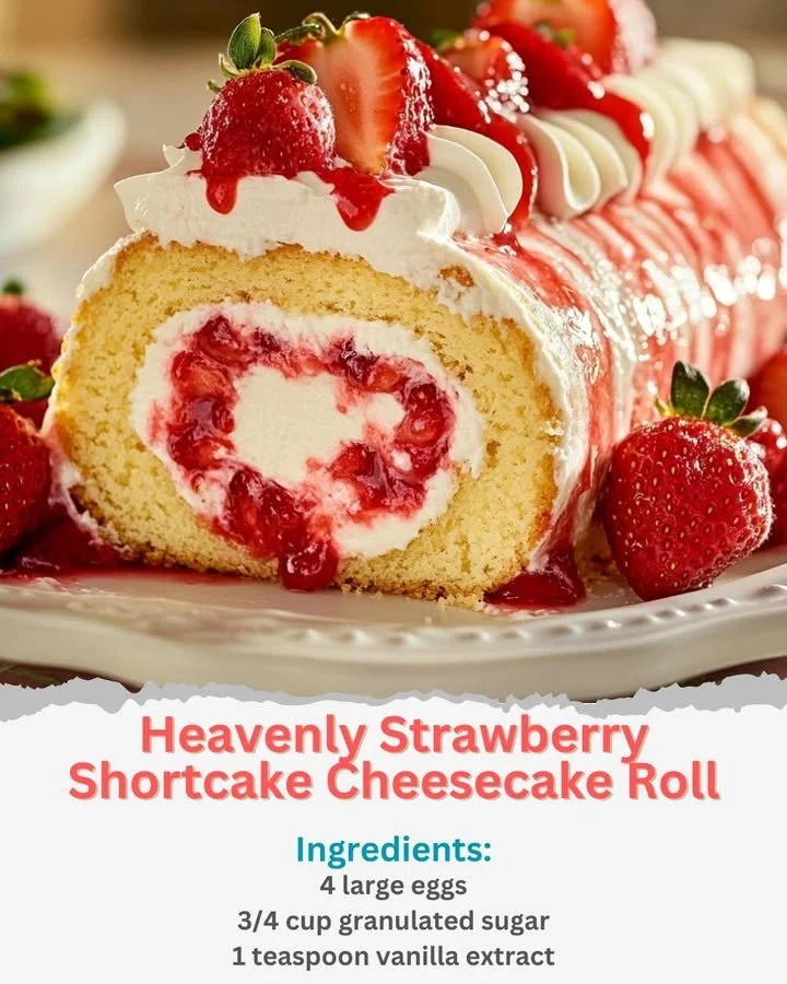 Heavenly Strawberry Shortcake Cheesecake Roll with fresh strawberries and cream