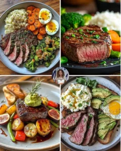 Delicious Herb Butter Steak served with roasted broccoli on a plate