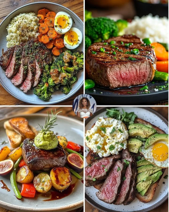 Delicious Herb Butter Steak served with roasted broccoli on a plate