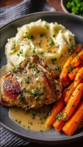 Delicious Herb Gravy Chicken with creamy mash and glazed carrots on a plate