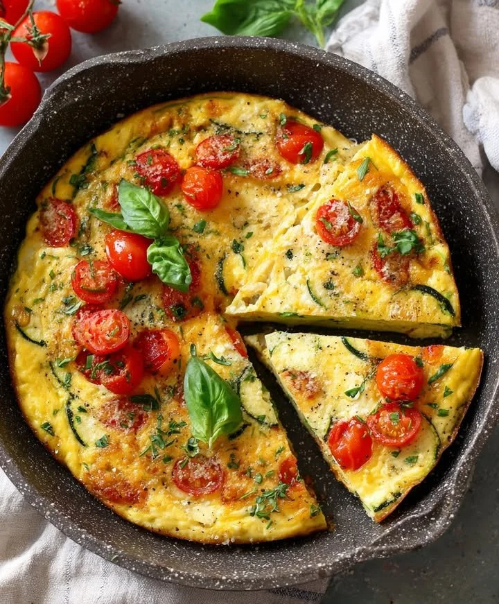 Herb-infused zucchini and tomato frittata topped with cheddar and Parmesan cheese