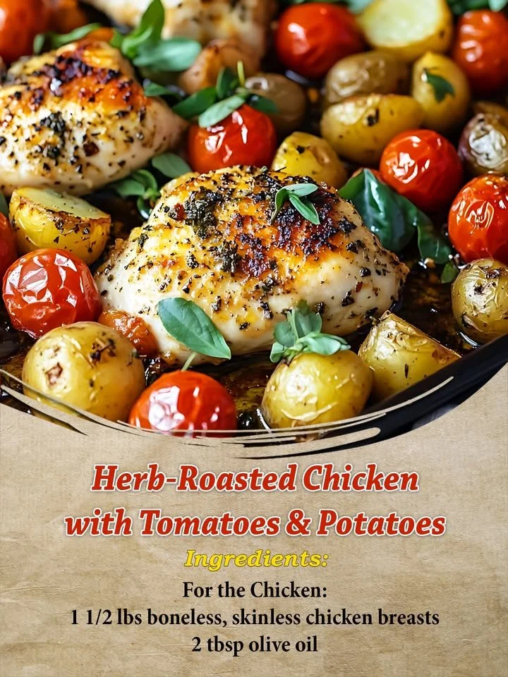 Herb-Roasted Chicken with juicy tomatoes and roasted potatoes on a plate