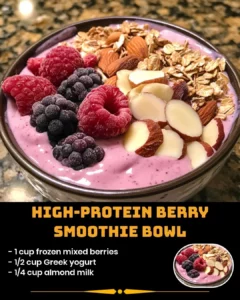High-protein berry smoothie bowl topped with fresh berries and nuts