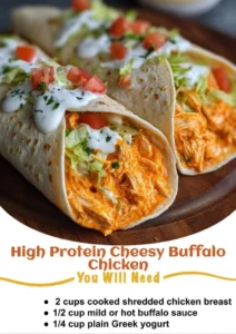 High protein cheesy buffalo chicken dish topped with melted cheese and spices